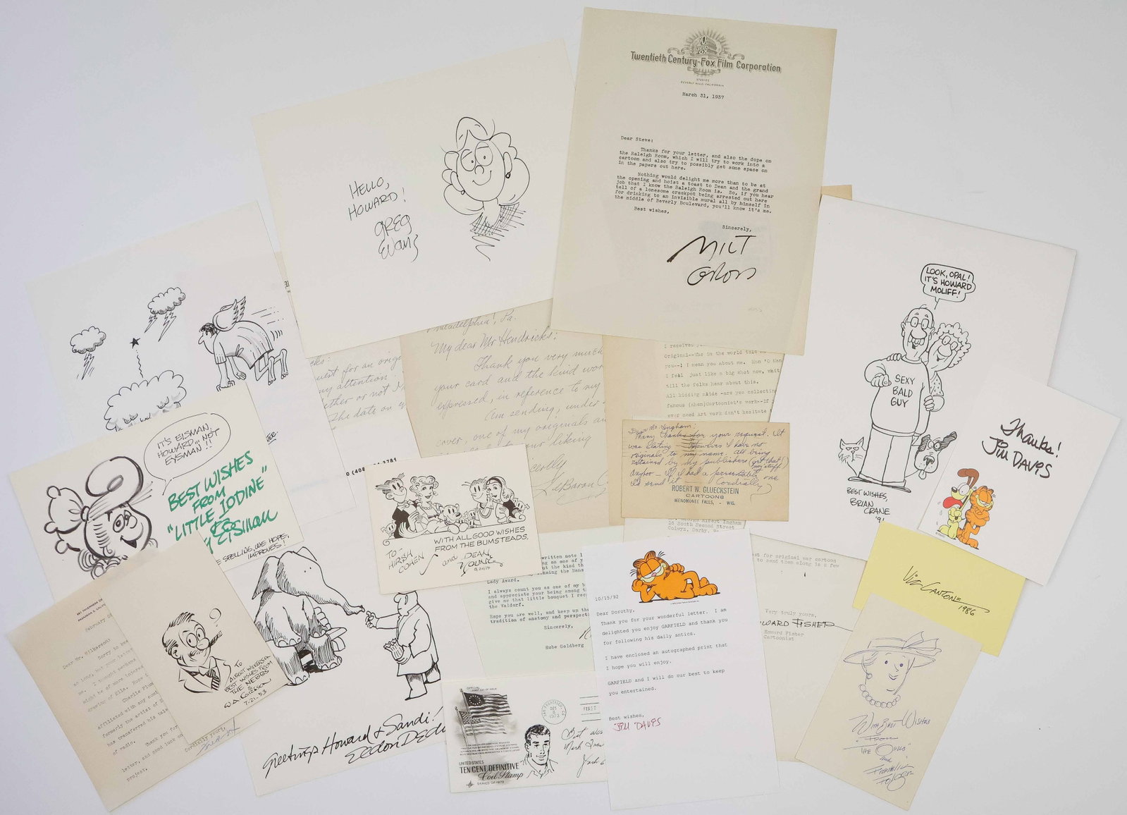 CARTOONISTS (20): A group of 20 items by cartoonists and illustrators, in various formats (noted). Includes: RUBE GOLDBERG (T.L.S.); HOWARD FISCHER (T.L.S.); FRANKLIN FOLGER (signed sketch from ‘The Girls’)
