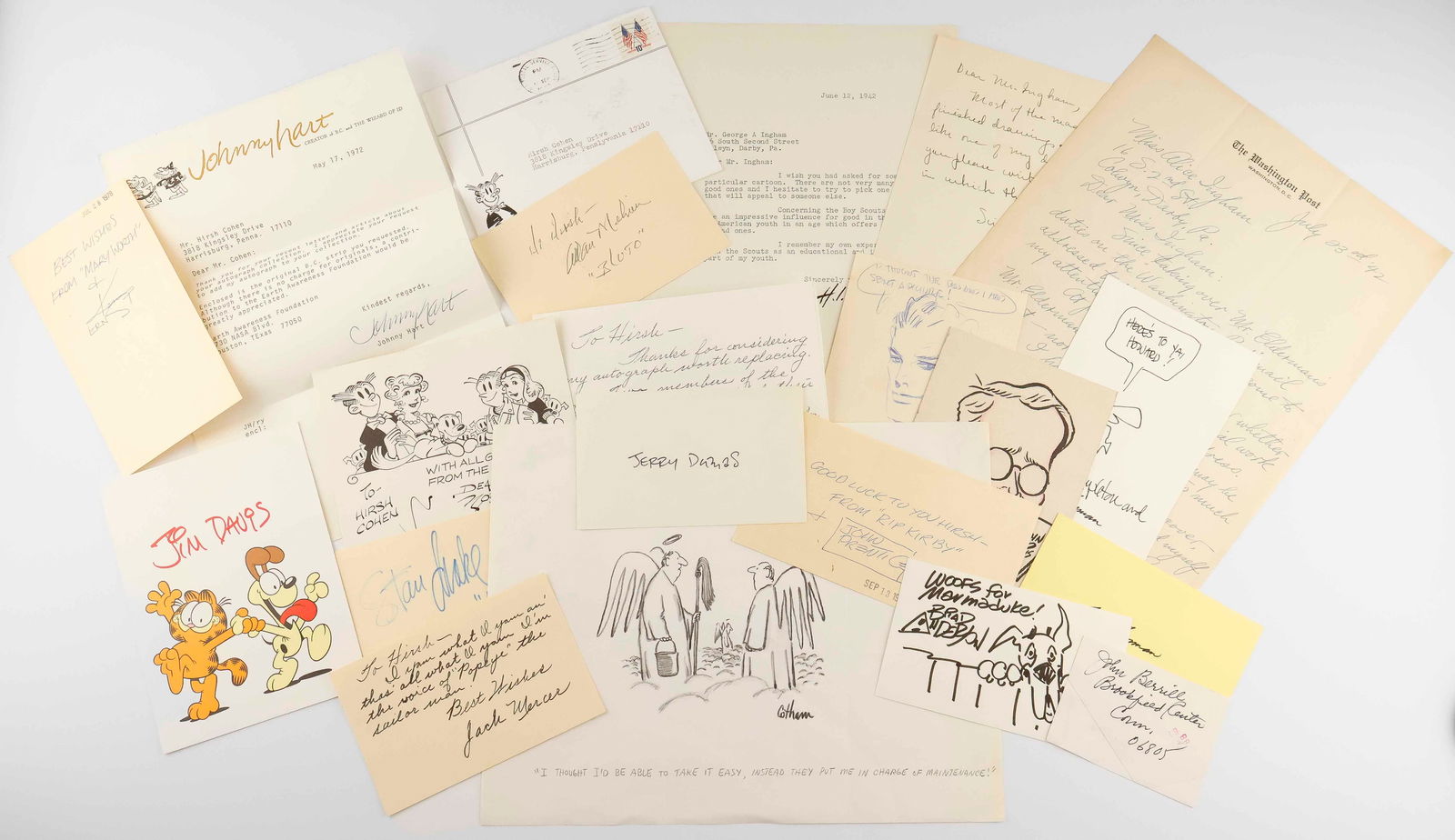 CARTOONISTS (20): A group of 20 items by notable cartoonists and illustrators, in various formats (noted). Includes: WAYNE COOPER (signed pencil sketch of a dog); H. I. “TOM” CARLISLE (T.L.S.); MARGARET COO