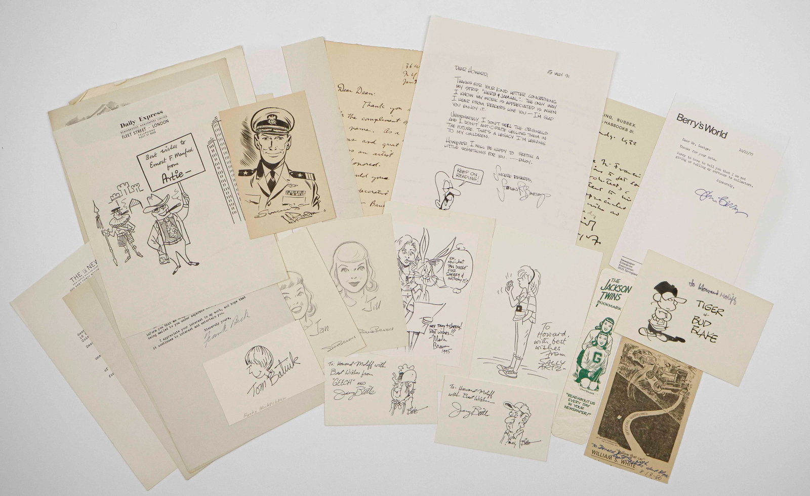 CARTOONISTS (21): A group of 21 items by beloved cartoonists and illustrators, in various formats. Includes: DICK BROOKS (two original sketches of ‘The Jackson Twins’); SALLY ARTZ (one large and one small s