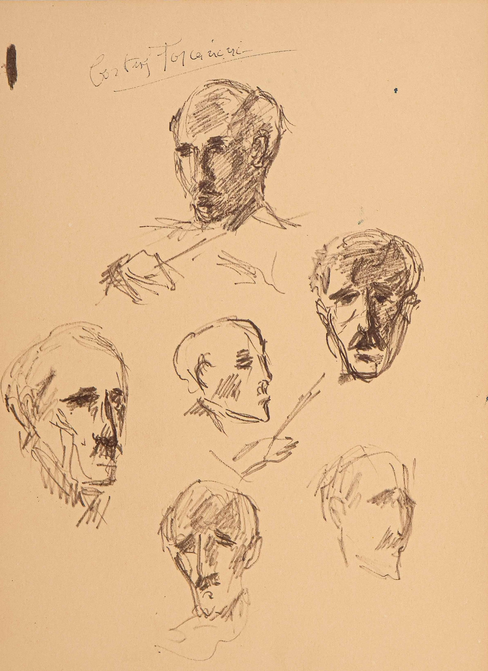 ARTURO TOSCANINI: (1867 - 1957) Italian conductor known for his dynamic interpretations of Beethoven, Verdi and Wagner. S.P., 7.5 x 10.5 in., cardstock photo featuring six portrait sketches of the conductor. He signs i
