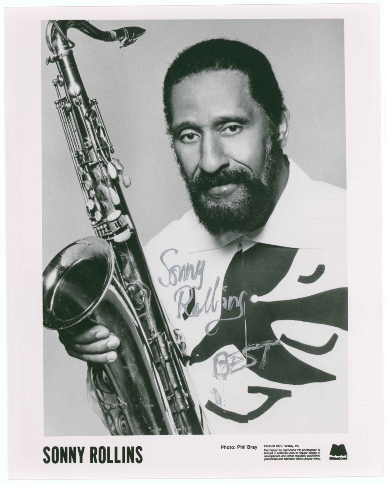 SONNY ROLLINS: (b. 1930) Legendary American saxophonist dubbed ‘the greatest living improviser’, and whose compositions have become Jazz standards. S.P. 8 x 10 in. b/w, shows Rollins in a chest, up pose 