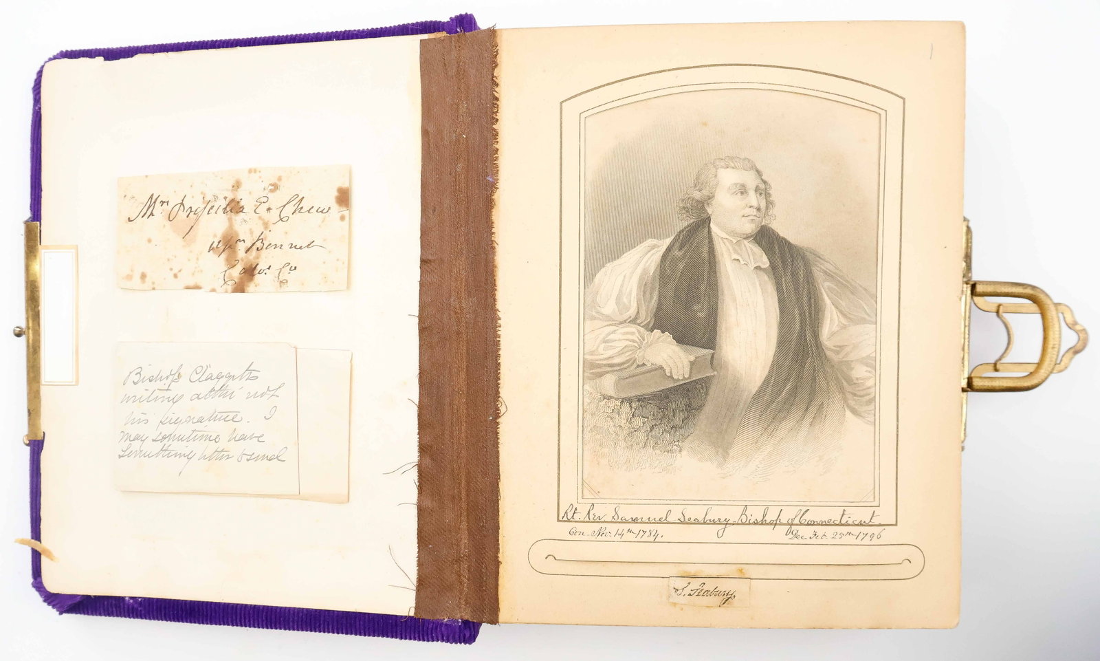 18TH AND 19TH CENTURY AMERICAN BISHOPS (34): A fine presentation book containing engravings and cut signatures of American Bishops from the 18th and 19th centuries, with gilt page edges, bright purple ribbed cloth covers and an ornate gilt clasp