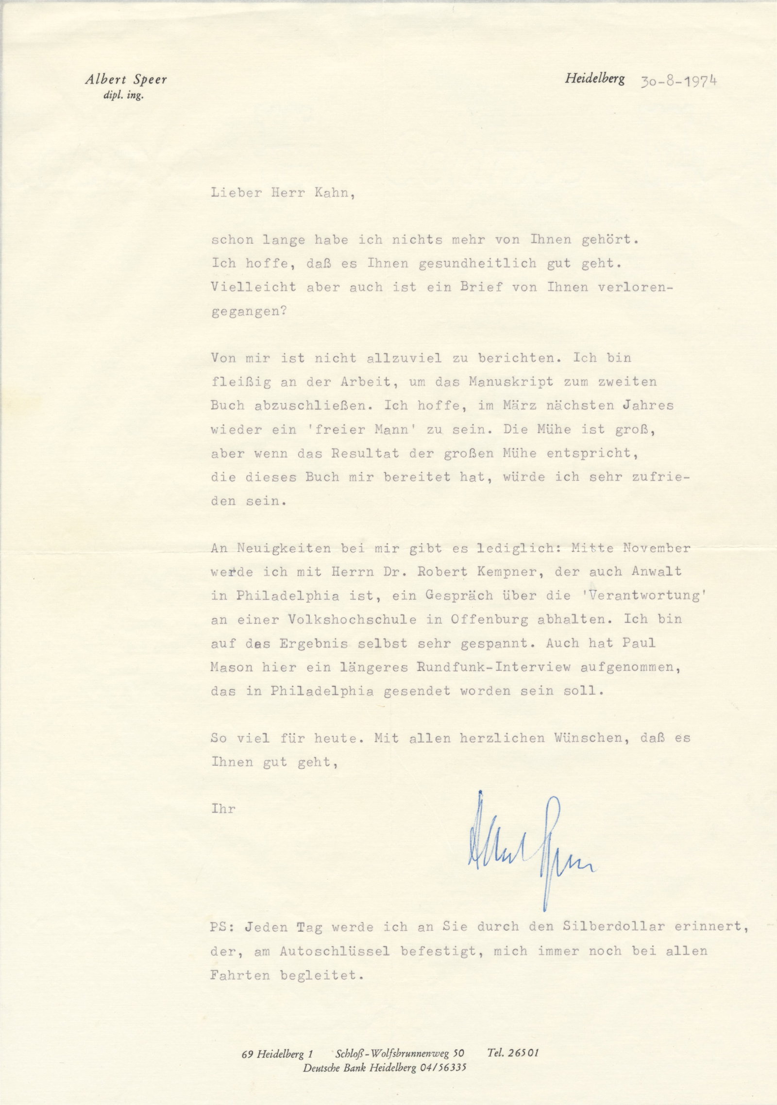 ALBERT SPEER: (1905-1981) Nazi architect and Minister of Armaments and War Production, convicted of war crimes at Nuremburg. T.L.S. 1p. 4to., Heidelberg, Aug. 30, 1974, on his personal letterhead to Paul Kahn,