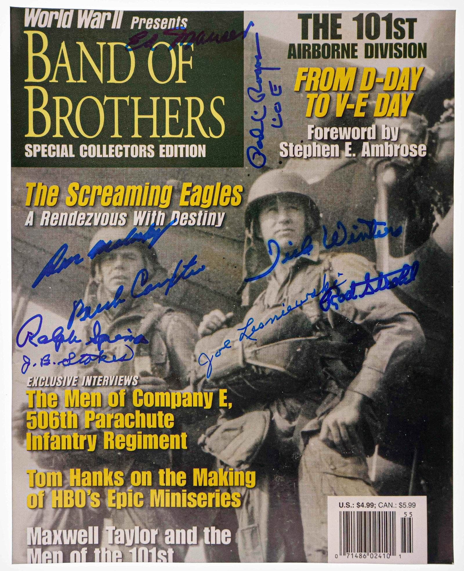 ‘BAND OF BROTHERS’: S.P. 8 x 10 in. b/w, a reprint of the cover of a publication about the division, signed by nine members: ED MAUSER, PAUL C. ROGERS, DICK WINTERS, ROD STROHL, JOSEPH LESNIEWSKI, RALPH SPEIRS, J. B. STO