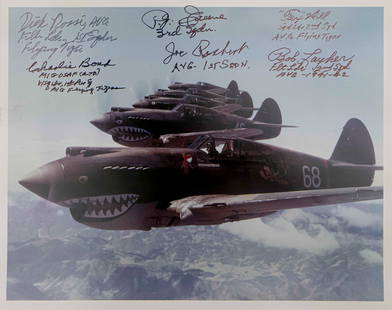 FLYING TIGERS: Nice 8 x 10 in. color signed photograph showing five Flying Tiger P-40s in flight, the image boldly signed by: TEX HILL, CHARLIE BOND, DICK ROSSI, BOB LAYHER, JOE ROSBERT, and JEFFREY GREENE. Each man