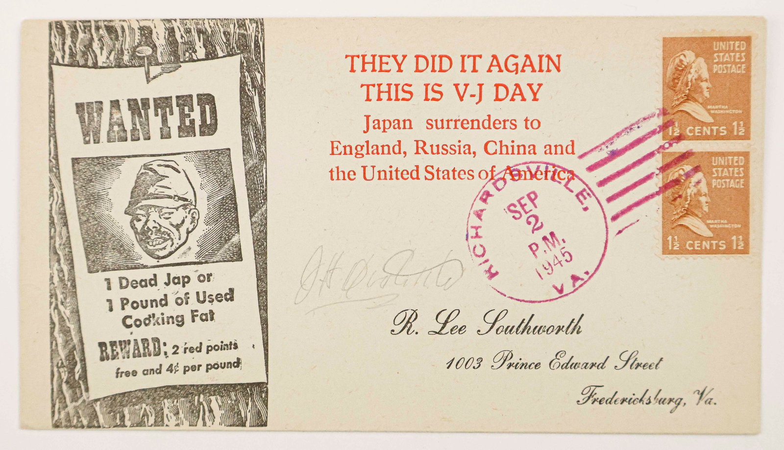 JAMES H. DOOLITTLE: (1896 - 1993) American aviator and USAAF general who gained fame both as a racing pilot and as leader of the first air raid on Tokyo during World War II. War-date commemorative postal cover, Sept. 2, 