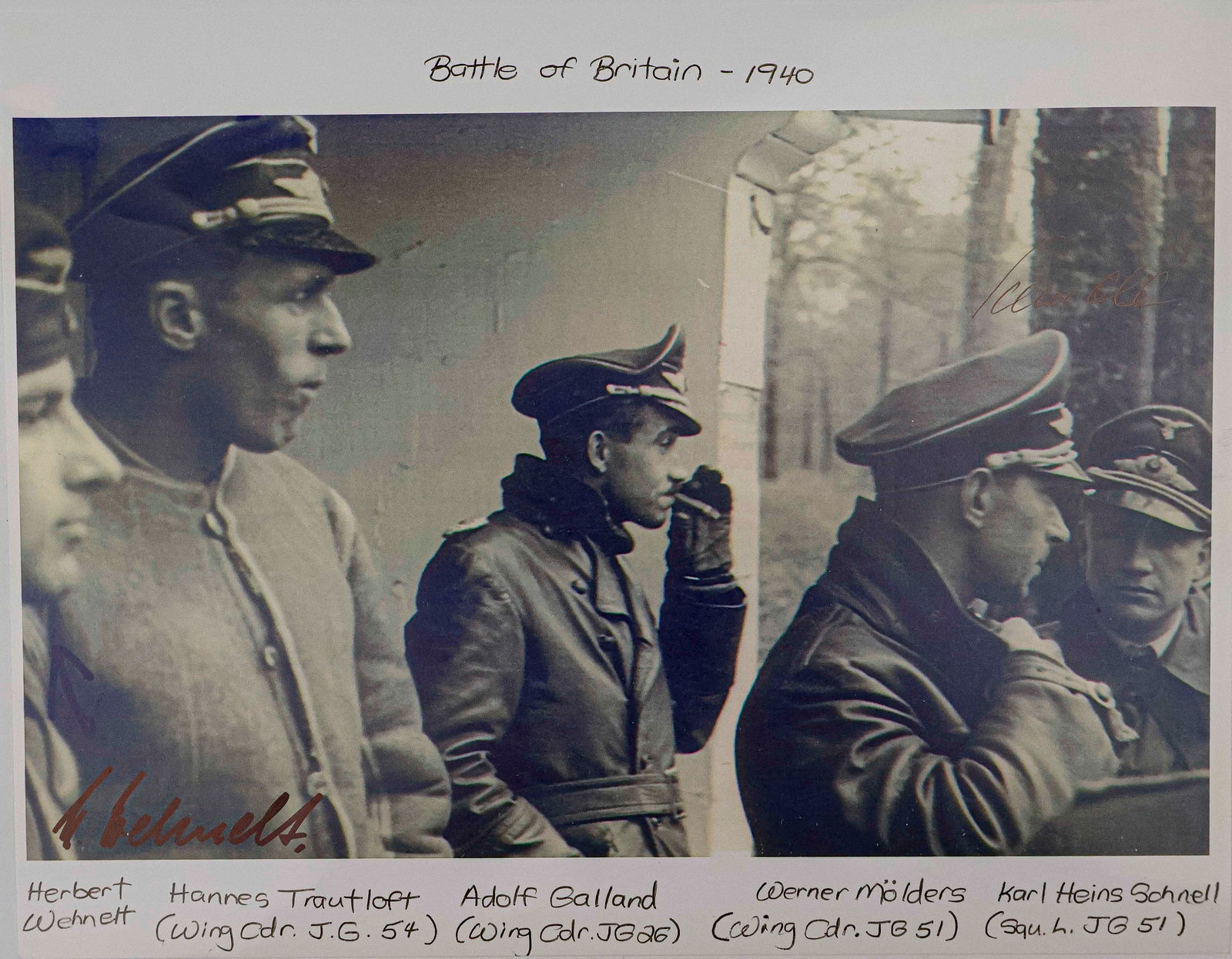 LUFTWAFFE BATTLE OF BRITAIN PILOTS: Fine S.P. 11 x 8.5 in. b/w, depicting five Luftwaffe pilots who served with distinction during the Battle of Britain, including Adolf Galland, Hannes Trautloft, and Werner Molders. The two others are