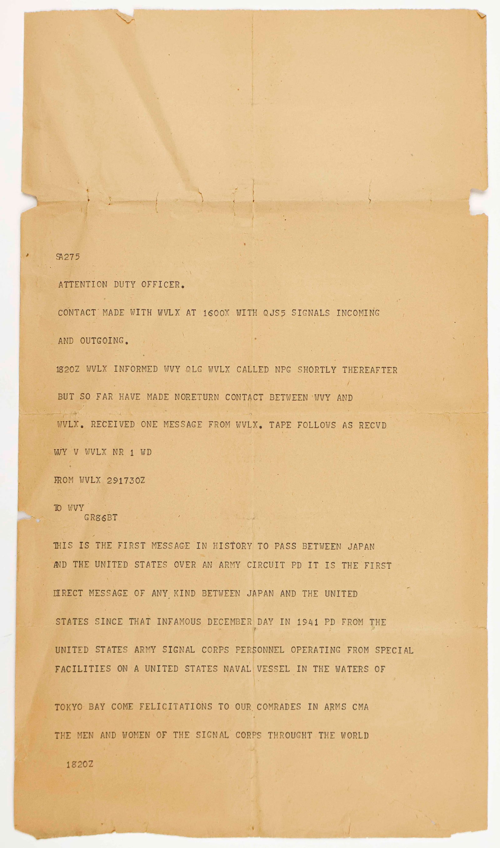 FIRST TRANSMISSION BETWEEN AMERICA AND JAPAN UPON SURRENDER (1 of 1)