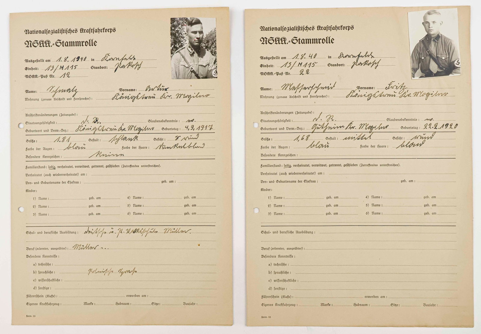N.S.K.K. DOCUMENTS (2): Lot of two N.S.K.K Stamrolles, each 4pp. 4to., and dated 1940. The documents are for two separate members, listing their personal history, such as: date of birth, marital status, address, nationality,