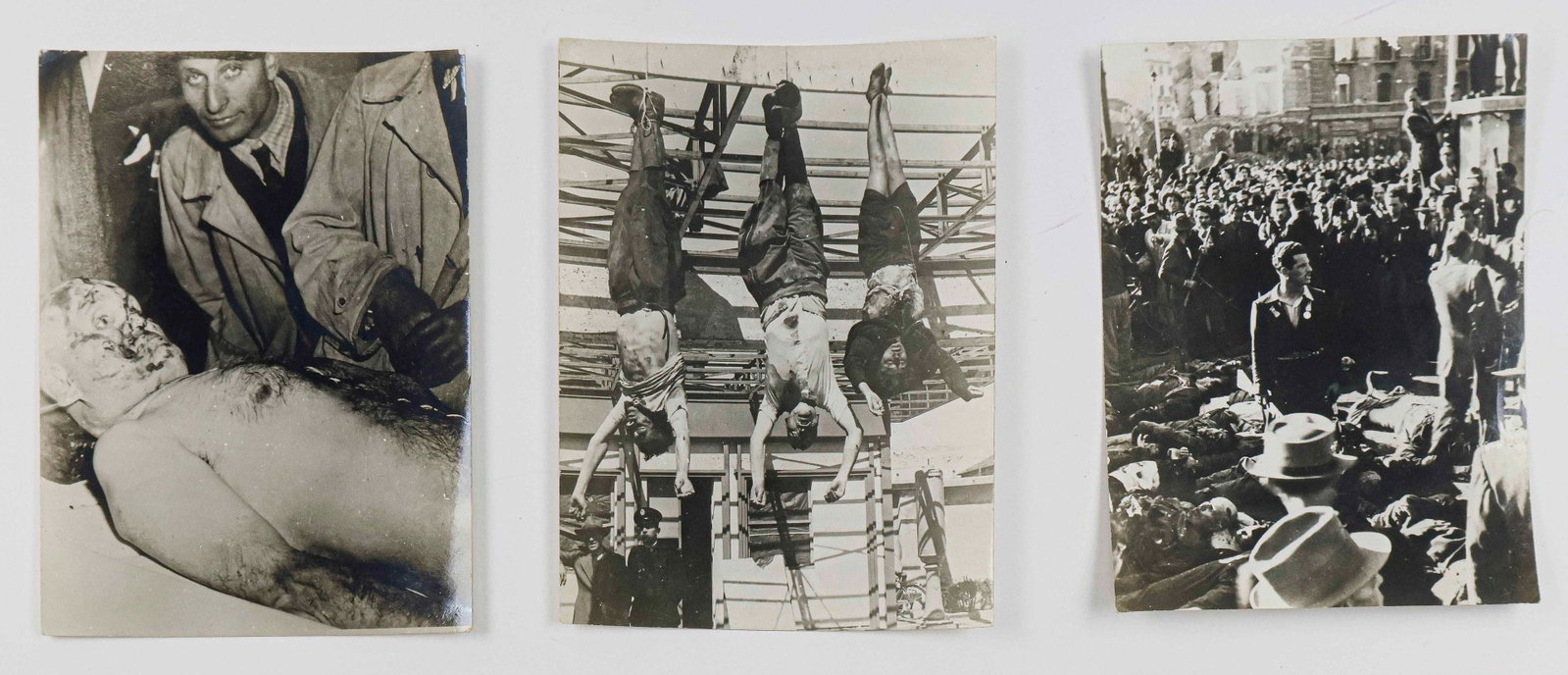MUSSOLINI EXECUTION PHOTOGRAPHS AND MORE ORIGINAL WORLD WAR II PHOTOS: Three original grim images, 3.25 x 4.5 in. b/w, contained within a period envelope from war photographer Ralph N. Bacon marked ‘Proofs’. Accompanied by Bacon’s original Army identifi