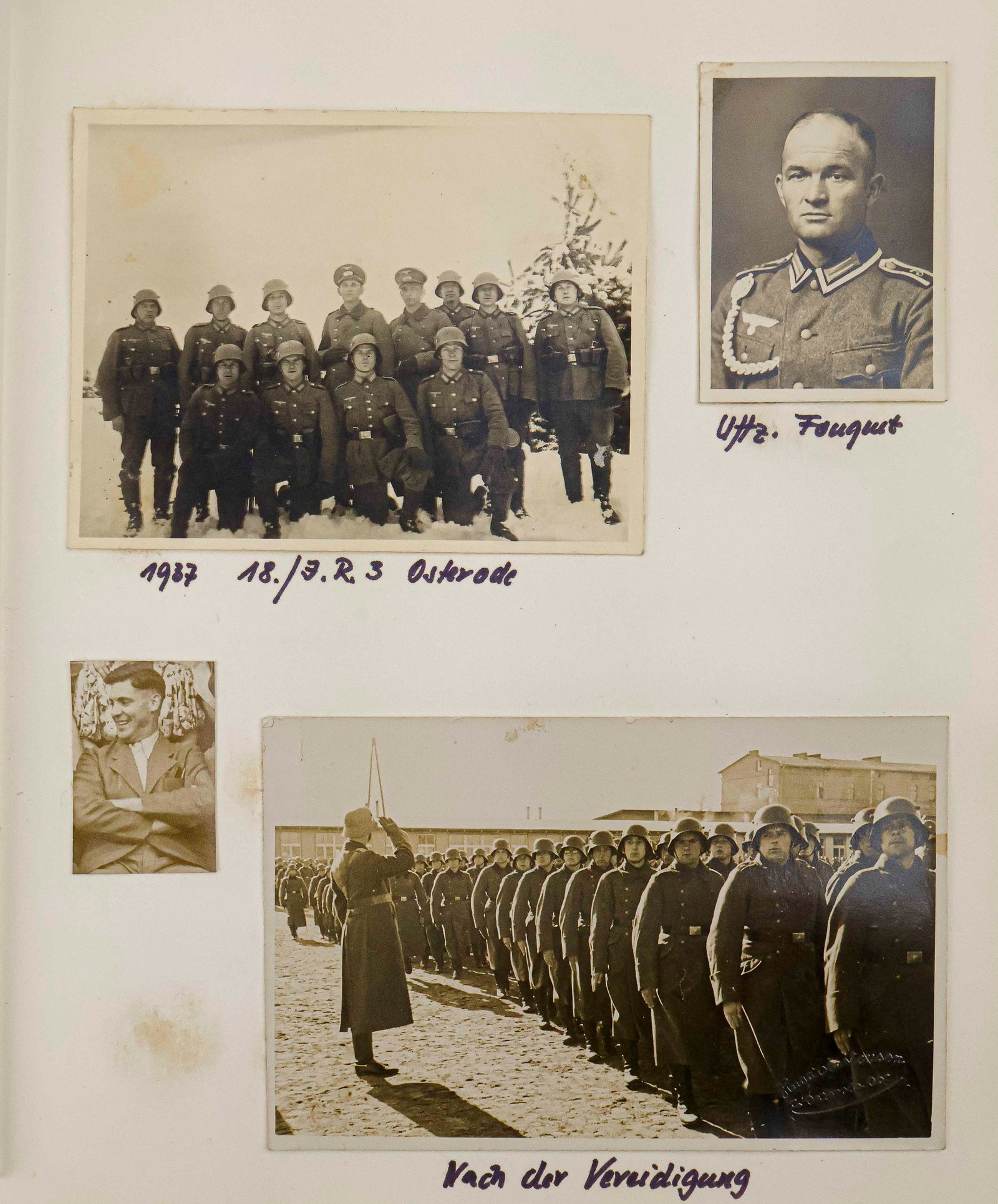 WORLD WAR II GERMAN PHOTO ALBUM: World War II photo album belonging to a German soldier, 8.5 x 10 in., green cloth covers. Contained within are 126 b/w photos, dated as early as 1937. Images include: soldiers lined up following their