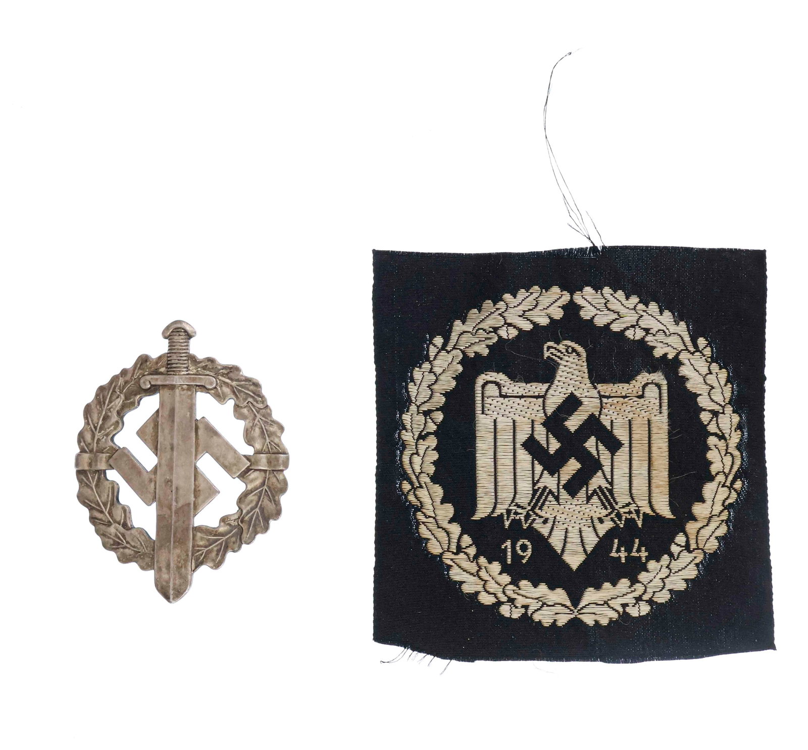 GERMAN SA SPORTS BADGE IN SILVER WITH NSLR SPORTS BADGE IN CLOTH: SA sports badge, 2 in. diameter issued by the SA, the first Nazi paramilitary organization, between 1933 and 1945. At its center is a broad sword, superimposed over a Nazi swastika encircled by a wrea