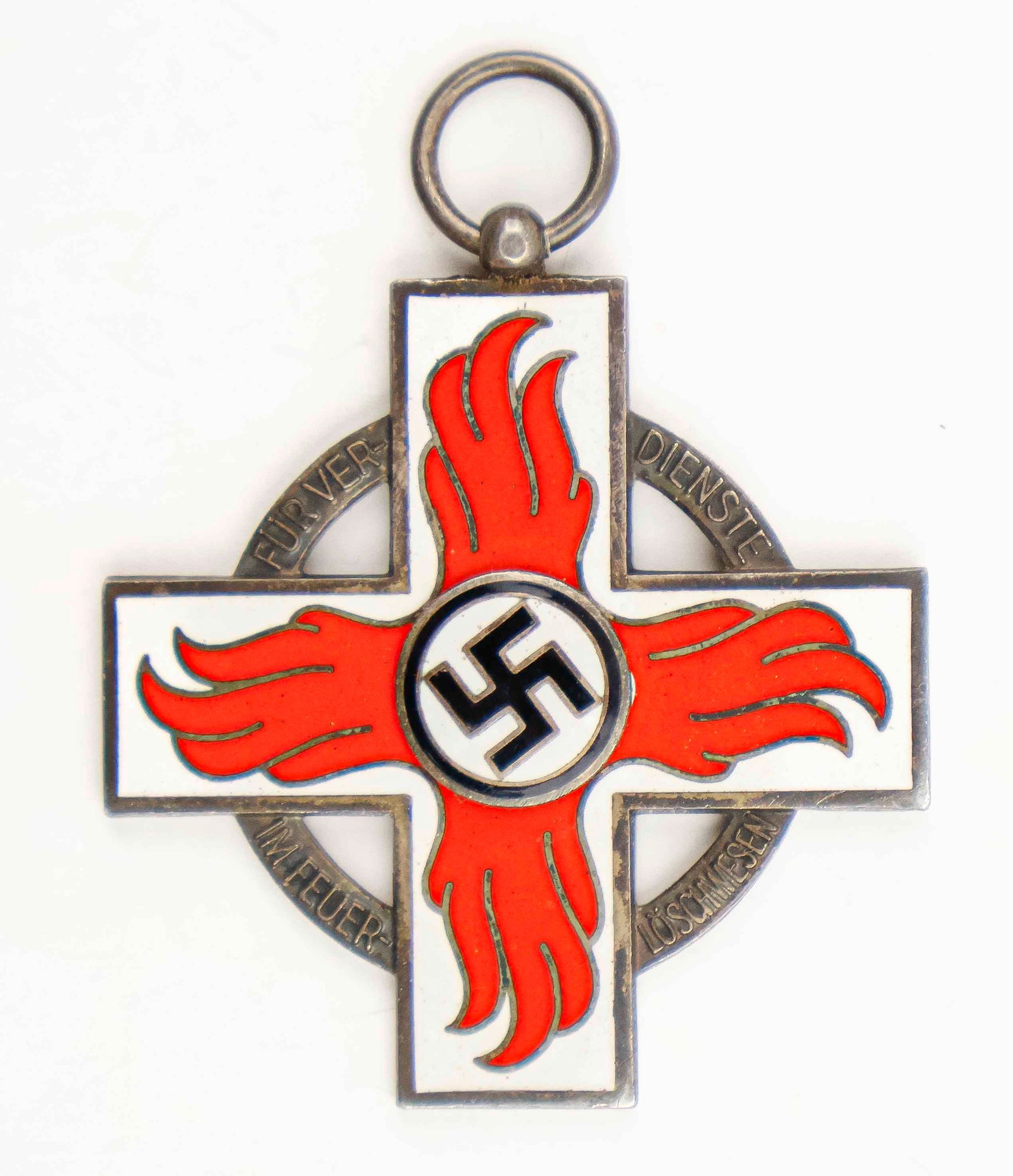 GERMAN FIRE BRIGADE CROSS, SECOND CLASS: German ‘Feuerloschwesen Verdienstkreuz’, two-piece construction, in silvered bronze and white, black, and red enamels; the obverse with a white enameled cross with a medallion in the cente
