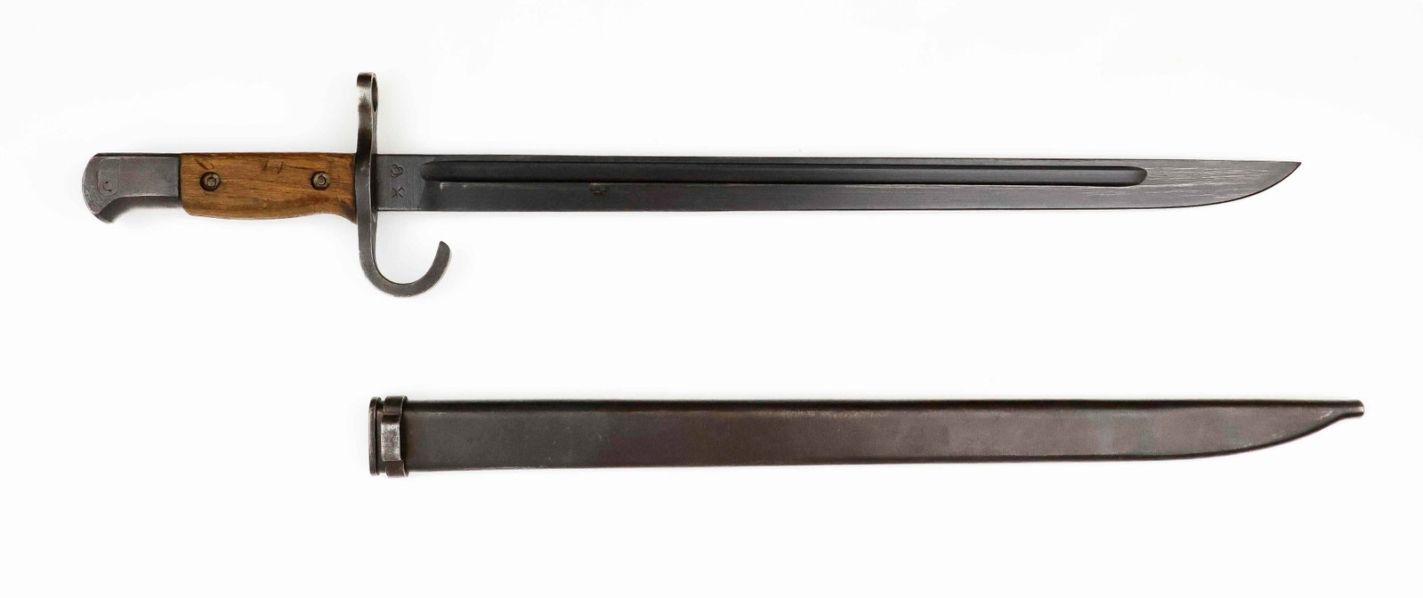 JAPANESE ARISAKA BAYONET: Japanese Arisaka straight single-fullered bayonet, steel hilt with hooked quillon, steel pommel, wood scale grips attached with rivets, 16 in. blade and 20 in. overall. The bluing to the blade is in e