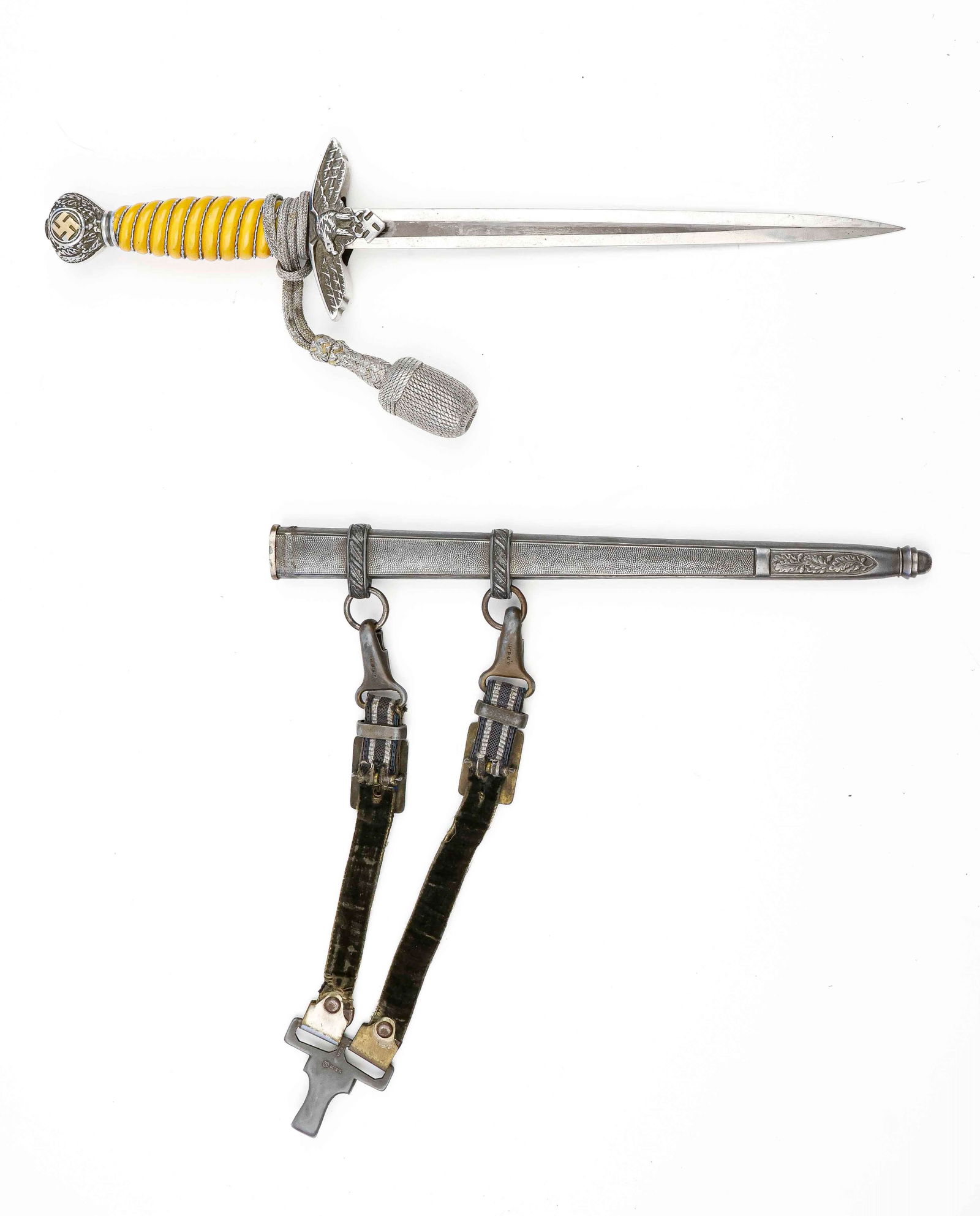 LUFTWAFFE DAGGER, SECOND MODEL WITH HANGERS AND PORTEPEE: Very nice second model Luftwaffe dagger, 10 in. blade and 15 in. overall. Features a finely detailed round pommel nut with swastika, a tightly wire wrapped grip which has aged to an appealing amber co