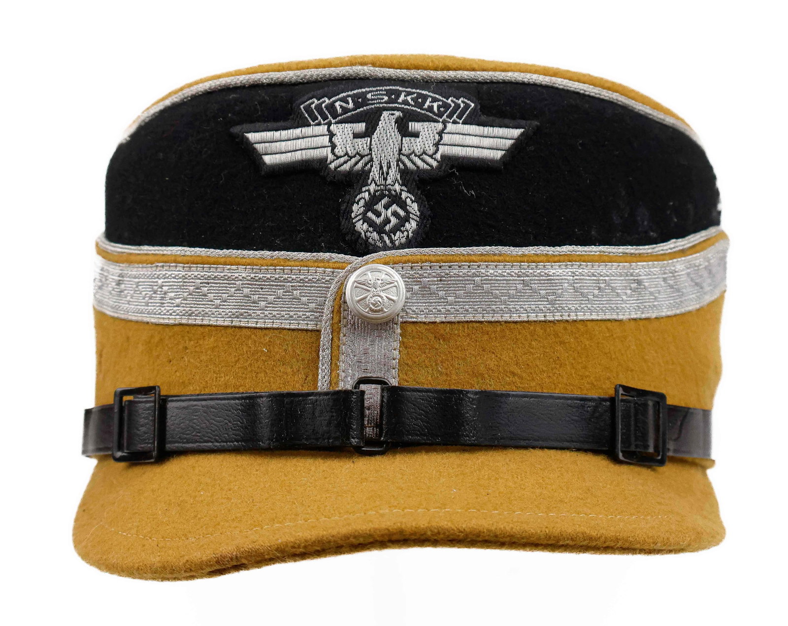NSKK SENIOR OFFICER’S KEPI: NSKK Officer’s Kepi constructed of olive wool with a black wool cap band, trimmed in silver aluminum wire piping. The band is flanked by sets of dual ventilation holes. Stitched to the peak is a