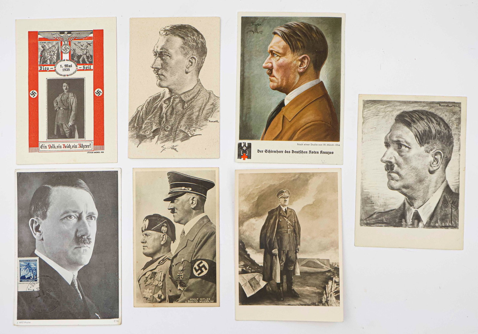 (ADOLF HITLER) (7): Good group of seven postcard photographs of Adolf Hitler, most showing him in renderings by various artists. Very good.