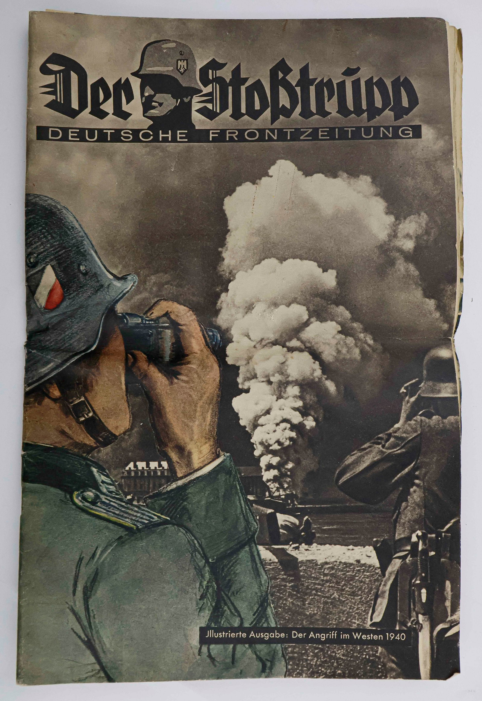‘DER STOSSTRUPP’: German front magazine ‘Der Stosstrupp’ (‘The Shock Troops’), detailing the attack on the eastern front in 1940. This illustrated magazine measures 11 x 16.5 in. and contains 52