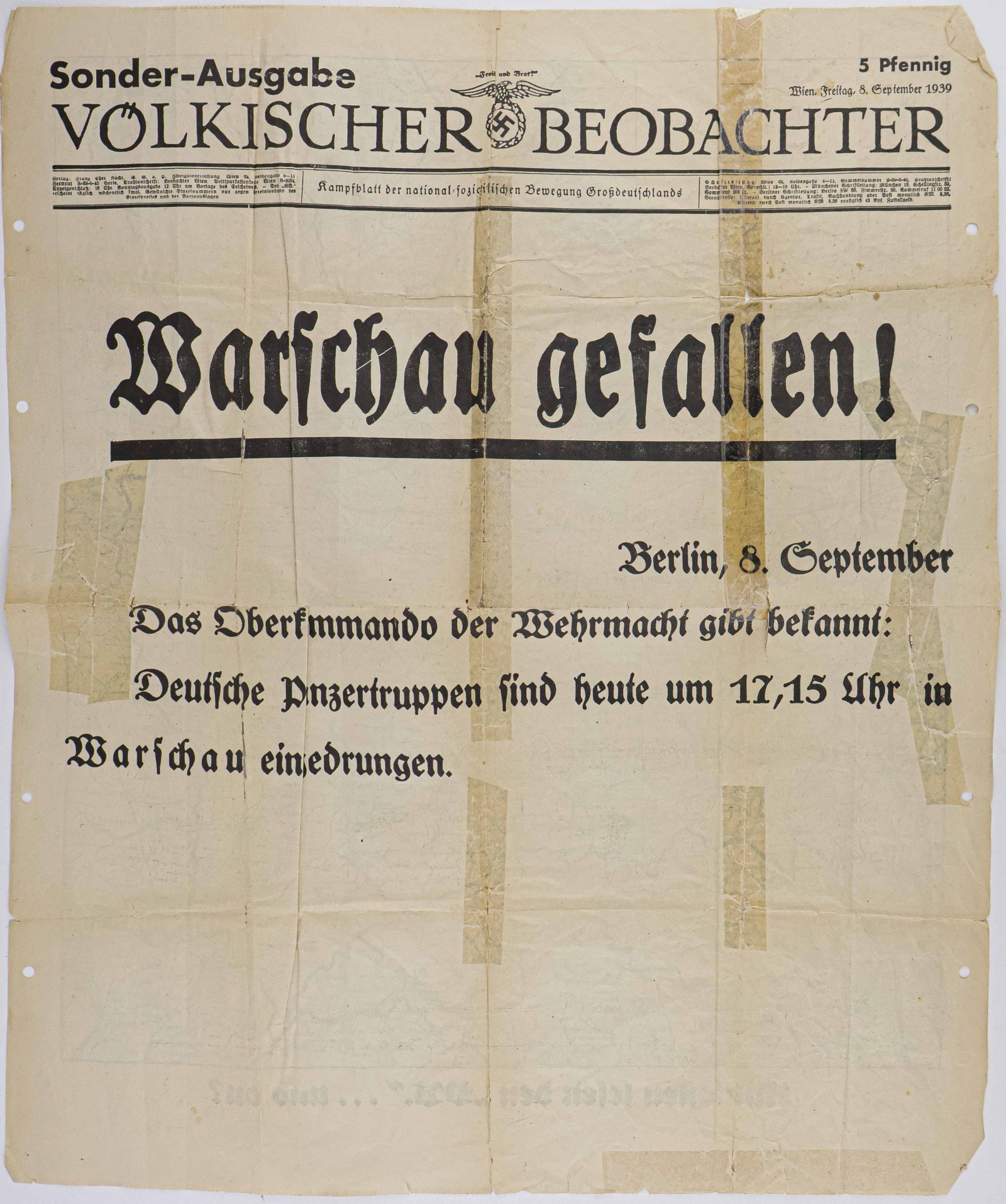 ‘VOLKISCHER BEOBACHTER’ REPORTS THE FALL OF WARSAW: Very important broadside released by the infamous official newspaper of the Nazi Party: 'Volkischer Beobachter', 1p. 17 x 21 in., Vienna, September 8, 1939, headlined: ‘Warschau gefallen!’