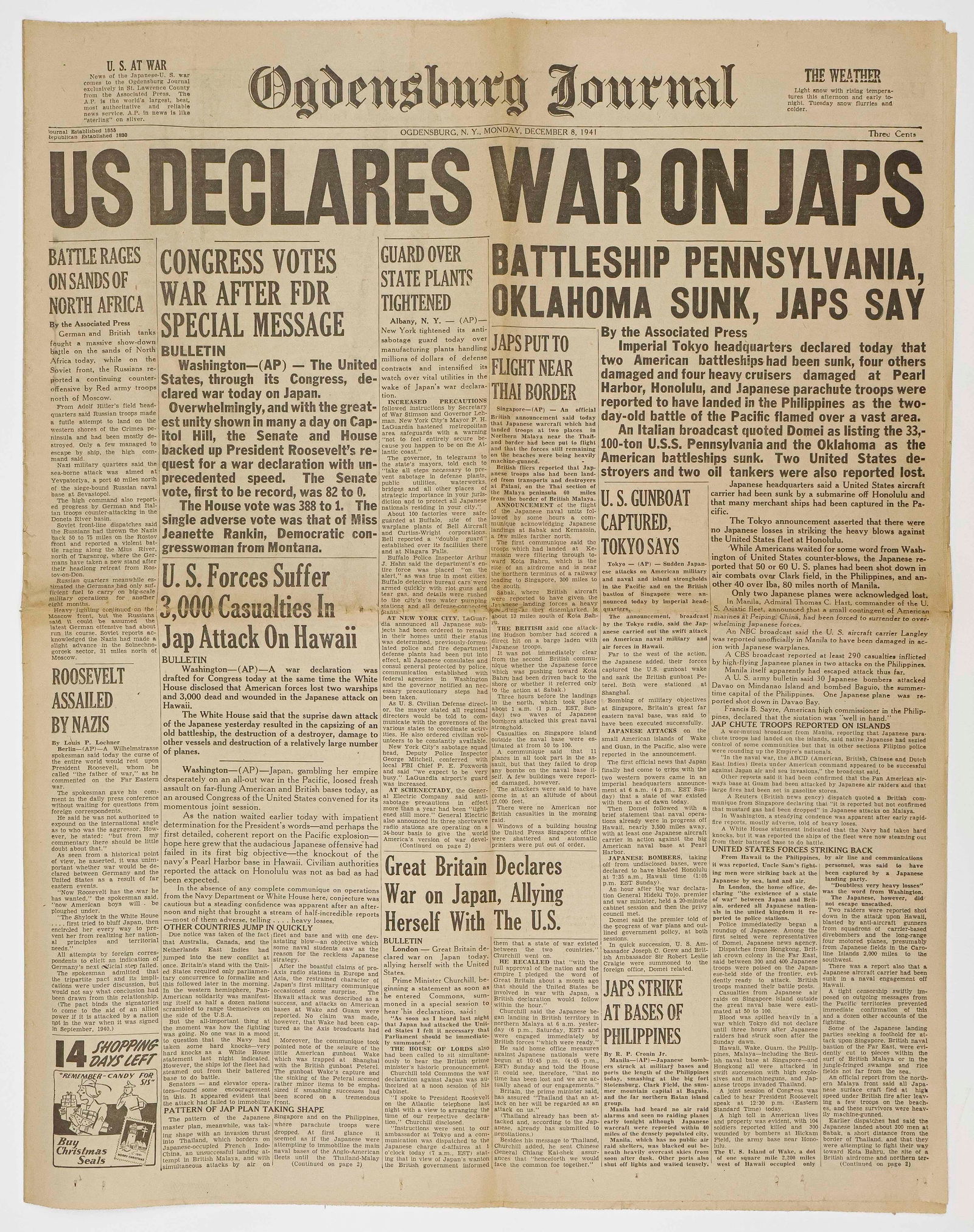 NEWSPAPER: 'U.S. DECLARES WAR ON JAPS' (1 of 1)