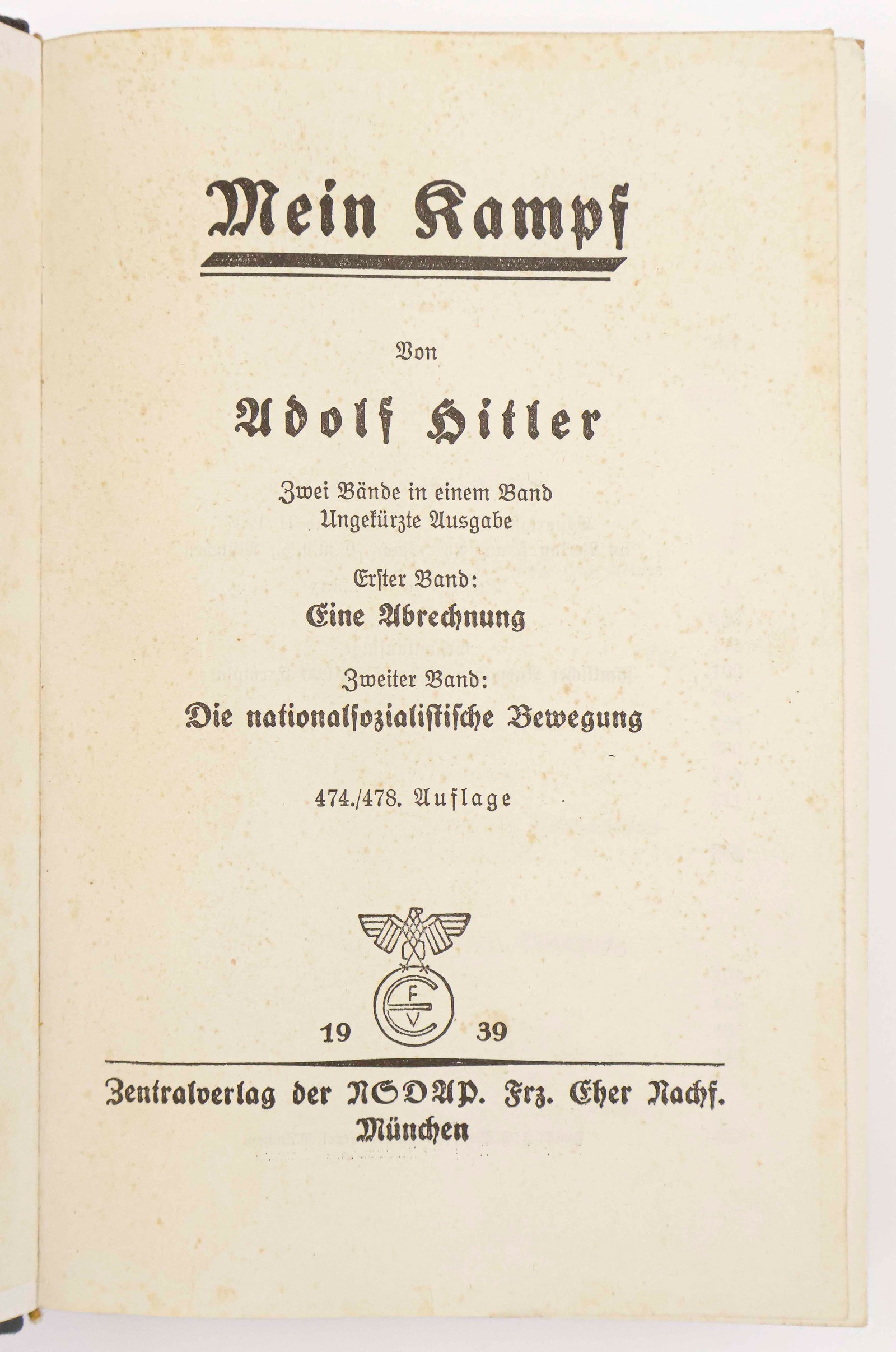 WEDDING EDITION OF ‘MEIN KAMPF’: Wedding edition of Adolf Hitler's ‘Mein Kampf’ (Munich: Zentralverlag der NSDAP, Frz. Eher Nachf.), 1939, 782pp. 8vo. with Hitler's frontis portrait, in one-quarter leather with gilt title