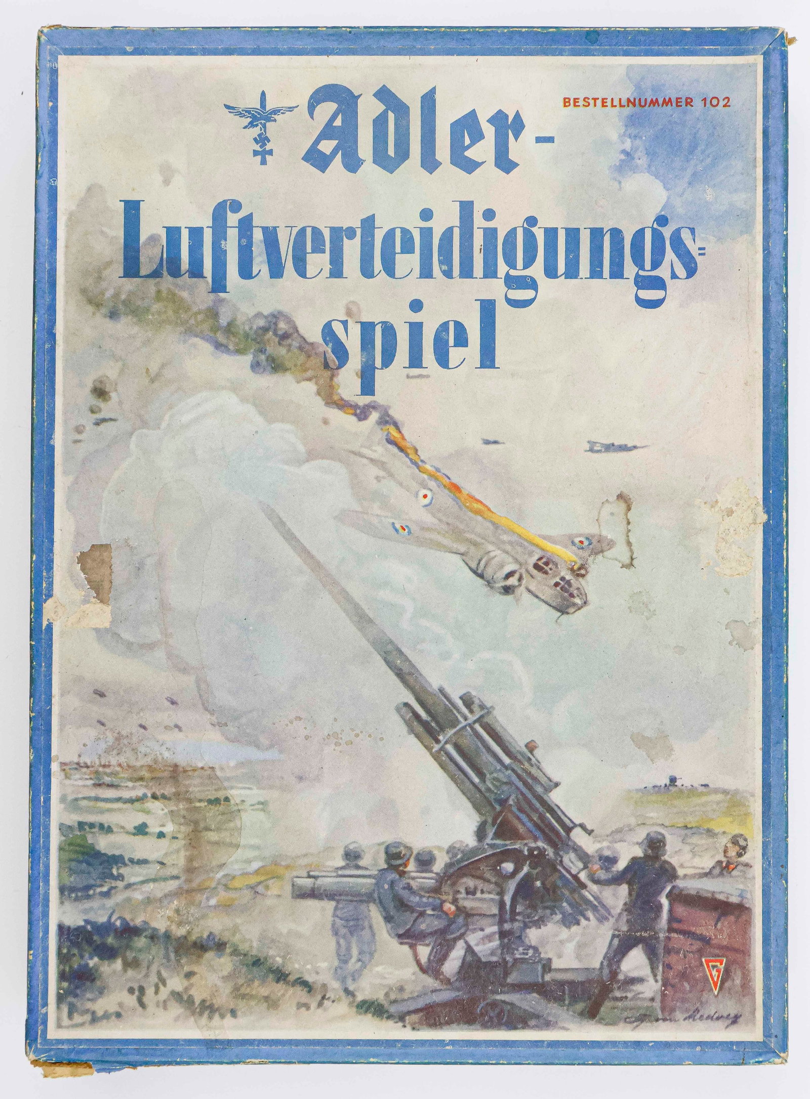LUFTWAFFE 'EAGLE AIR DEFENSE GAME': Rare German children's board game: 'Eagle Air Defense Game', published by Hugo Grafe Publishing House, Dresden, October 11, 1941. Included is the original 17.25 x 24 in. folding game board which shows