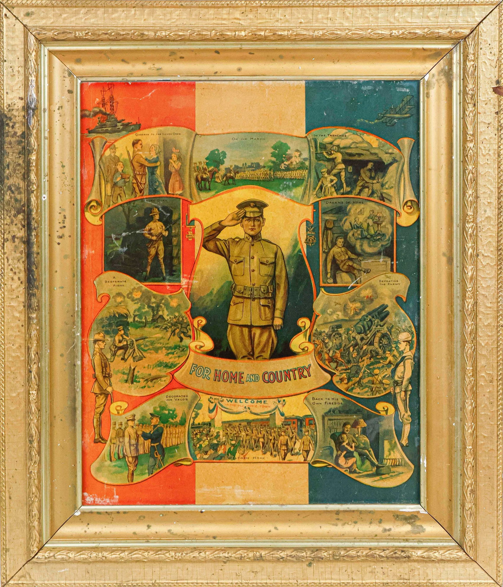 WORLD WAR I POSTER: A handsome World War I poster titled ‘For Home and Country’, measures 20 x 16 in. (sight), with colorful graphics showing the trajectory of a soldier through images, from leaving home to s