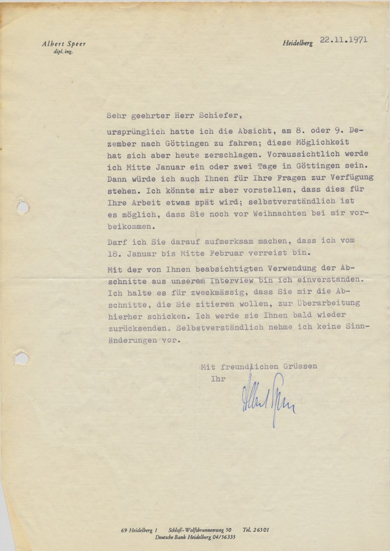ALBERT SPEER: (1905-1981) Nazi German architect and Minister of Armaments and War Production, convicted of war crimes at Nuremburg. Good content T.L.S. on personal letterhead, 1p. legal folio, Heidelberg, November 