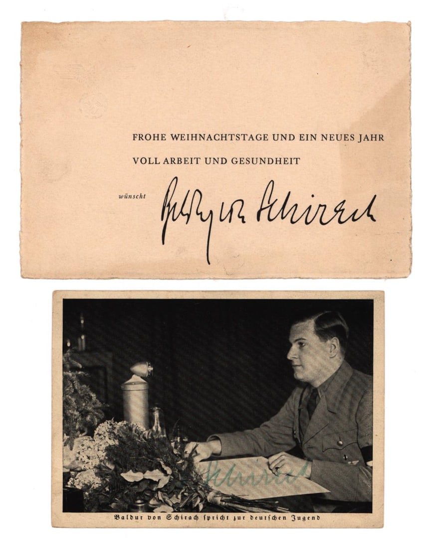 BALDUR VON SCHIRACH: (1907 - 1974) Nazi leader of the Hitler Youth and Gauleiter of Vienna, sentenced at Nuremburg to twenty years for war crimes. S.P., 5.75 x 4 in. b/w, a photo postcard depicting giving a speech to the 