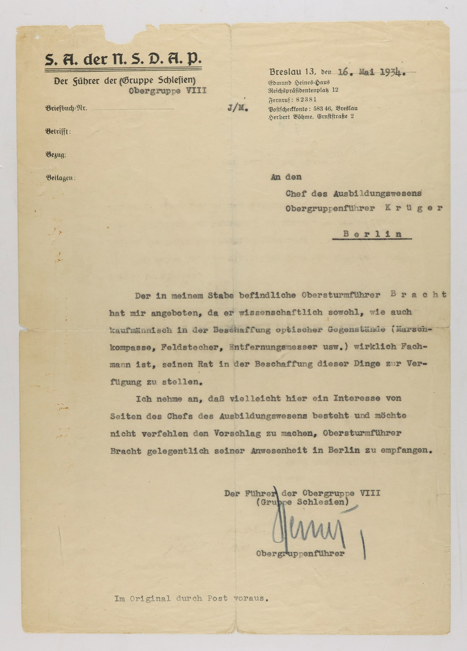 EDMUND HEINES: (1897 ñ 1934) Nazi Party leader and Ernst Rohm's deputy in the SA. Murdered in the purge that would come to be known as the ëNight of the Long Knivesí. Very rare and fine association ty