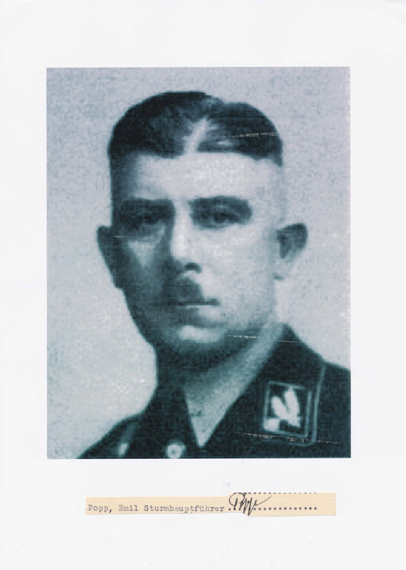 EMIL POPP: (1897 - 1955) German administrative officer and SS Brigadefuhrer of SS-Section II. He was a member of the Reichstag and district chief / district president in Chemnitz and Koslin. Cut signature, mount