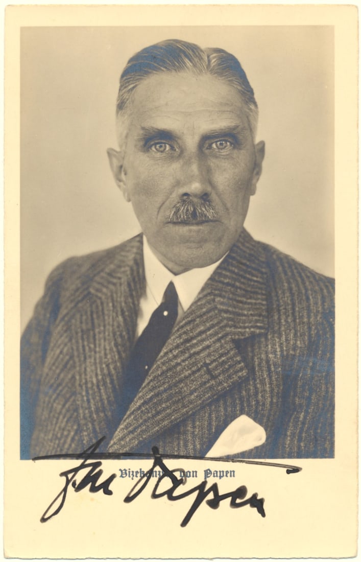 FRANZ VON PAPEN: (1879-1969) Chancellor of Germany and Vice Chancellor in Hitler's early years of power, von Papen was accused and later acquitted of war crimes. Fine vintage S.P., 3.5 x 5.5 in. b/w, shows von Papen i