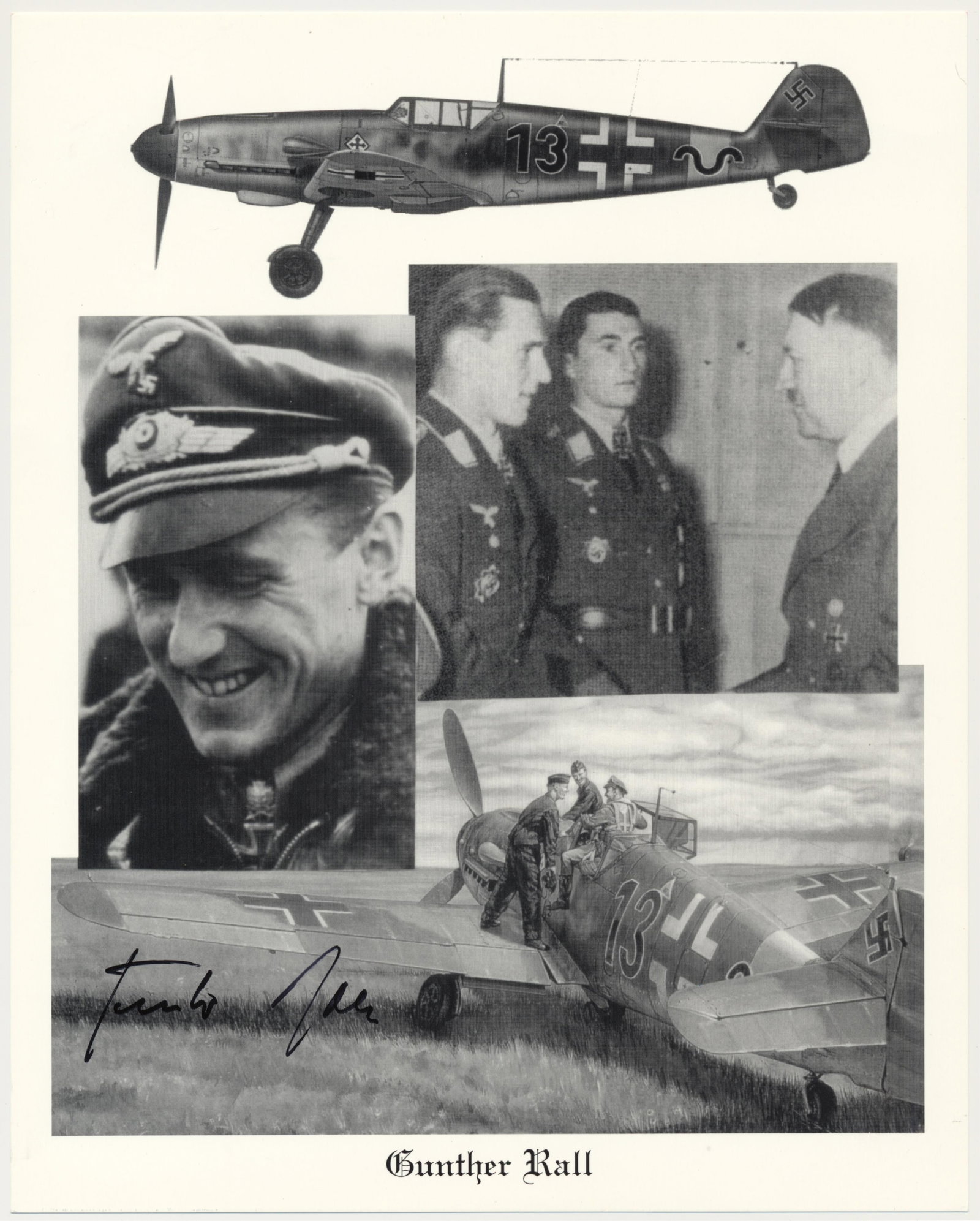 GUNTHER RALL: (1918 - 2009) German fighter pilot and third highest ace with 275 'kills'. S.P., 8 x 10 in. b/w, a composite photographs showing Rall during the war years in a portrait, meeting Hitler, and in his air