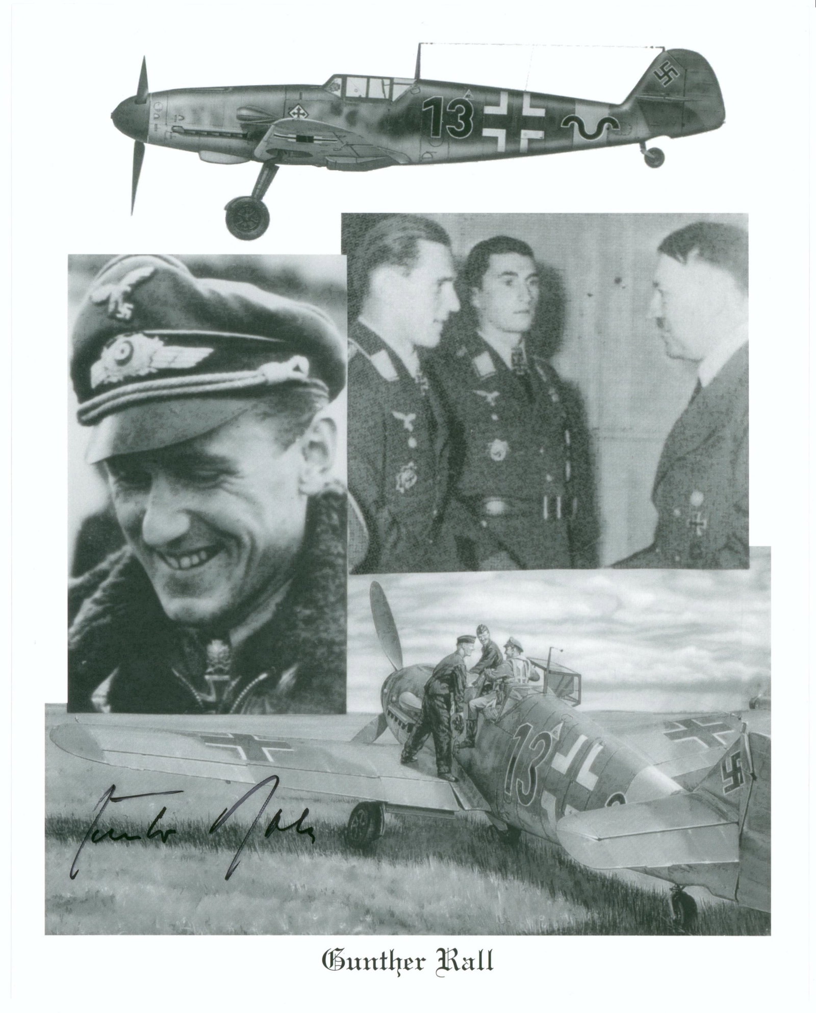 GUNTHER RALL: (1918 - 2009) German fighter pilot and third highest ace with 275 'kills'. S.P., 8 x 10 in. b/w, a composite photographs showing Rall during the war years in a portrait, meeting Hitler, and in his air