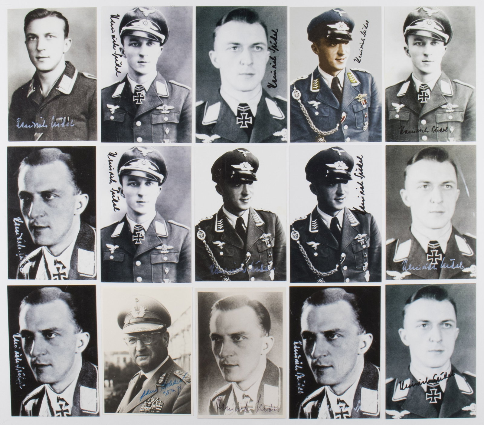 KNIGHTS CROSS RECIPIENTS (18): Good lot of eighteen S.P.s, none larger than 4 x 6 in. b/w, signed by Knights Cross recipients, fourteen of them signed by the same man, HEINRICH SUDEL. The other three photos are signed by HARALD VON