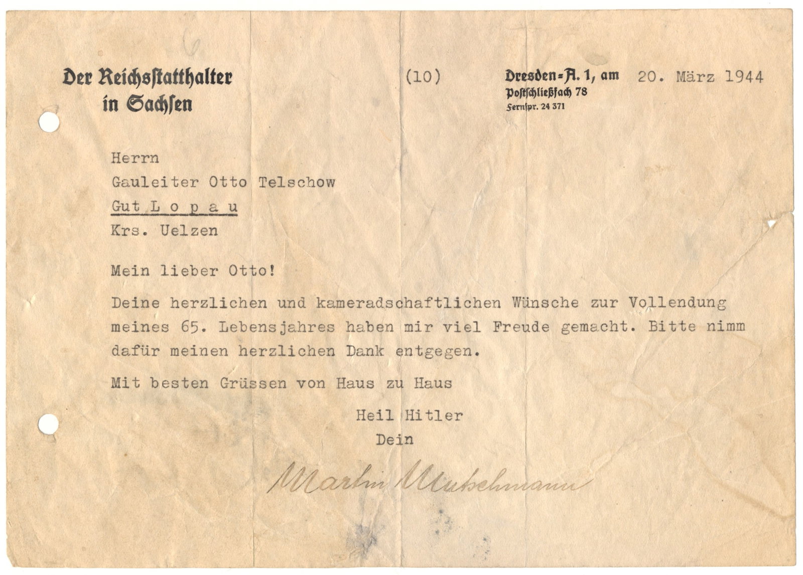 MARTIN MUTSCHMANN: (1879 - 1947) German entrepreneur and National Socialist politician. From 1925 to 1945 he was Gauleiter of Saxony, from 1933 Reich Governor and from 1935 also Prime Minister of Saxony. Mutschmann also