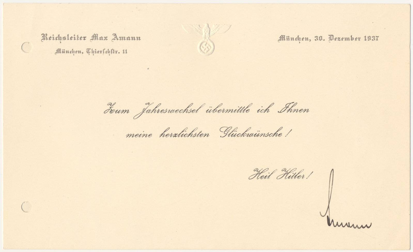 MAX AMANN: (1891 - 1957) Reichsleiter in charge of the Nazi Press. Amann was also Hitler's company sergeant during World War I and conceived the title 'Mein Kampf'. A printed D.S. 1p. oblong 8vo., Munich, Dec. 3