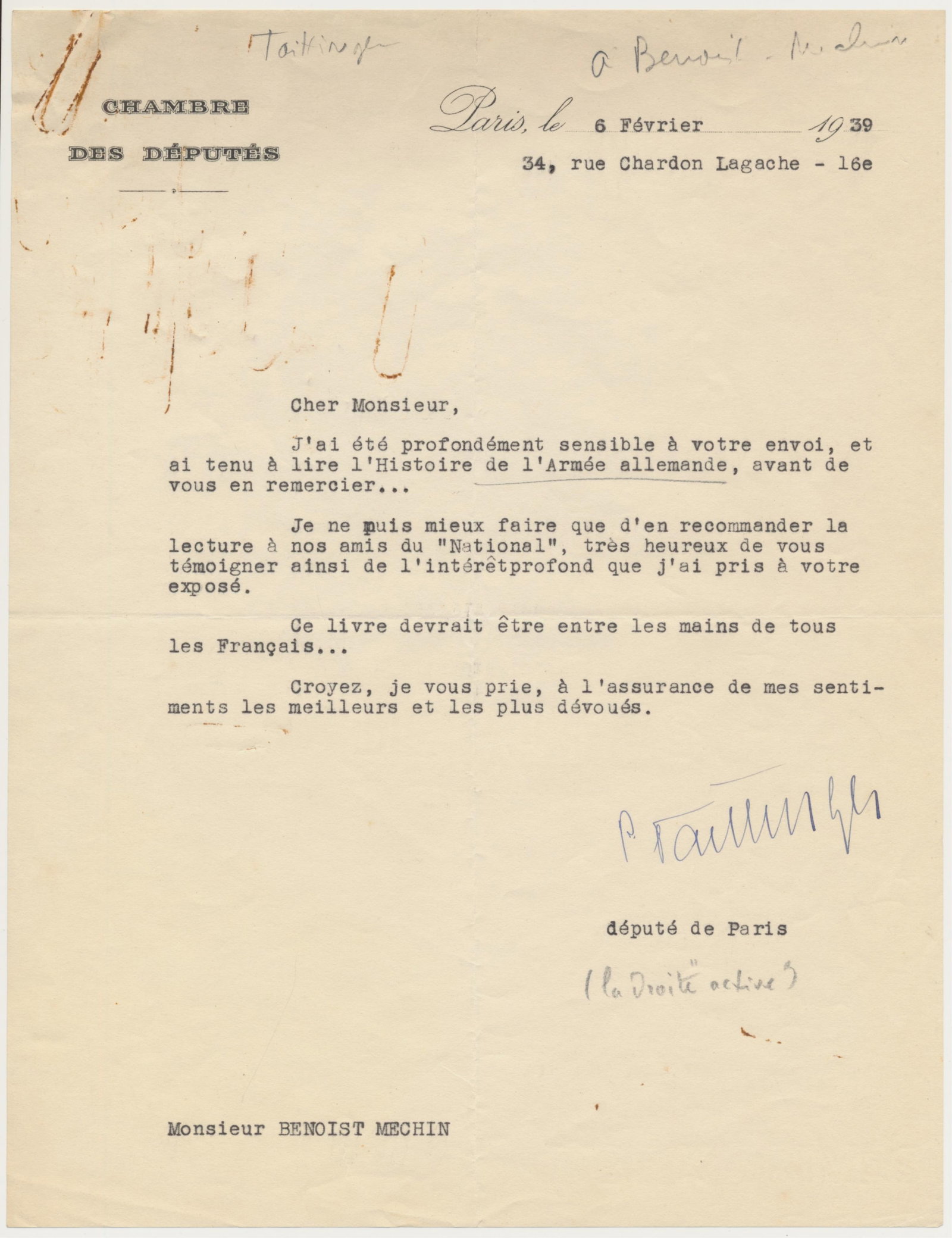 PIERRE TAITTINGER: (1887-1965) Founder of the Taittinger champagne house and president of the municipal council of Paris in May 1943, as the Germans occupied the city, and held this position until the Liberation of Pari