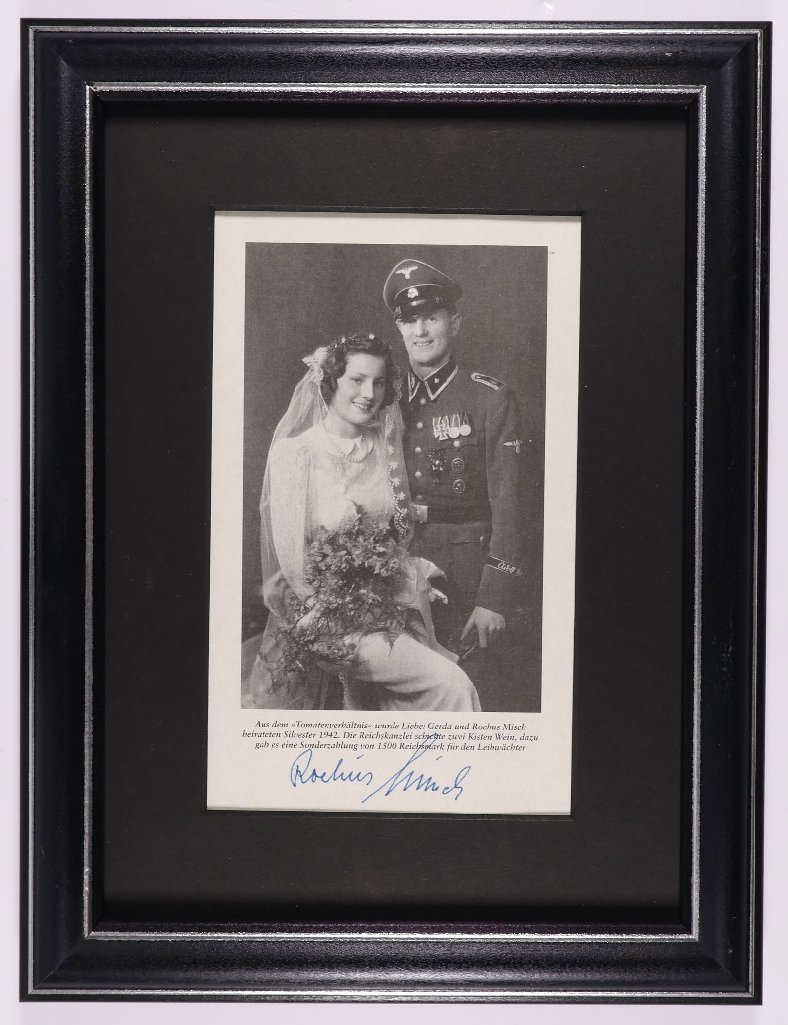 ROCHUS MISCH: (1917-2013) Oberscharfuhrer in the 1st SS Div. Leibstandarte SS Adolf Hitler, served as a courier, bodyguard and telephone operator for Adolf Hitler. S.P., 4.5 x 7.5 in. (sight), a printed copy of a w