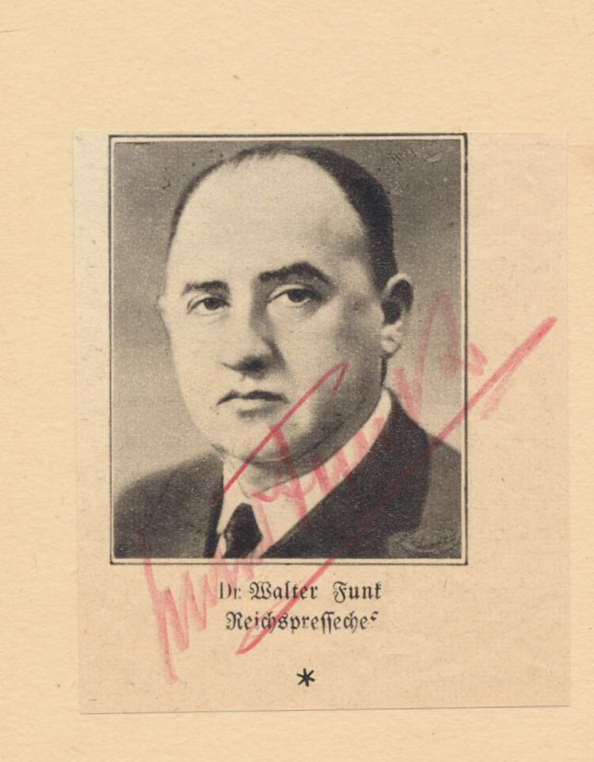 WALTHER FUNK: (1890-1960) Nazi Minister of Economics who confiscated goods of imprisoned Jews to the Reichsbank via Himmler. Sentenced to life imprisonment. S.P., 2.5 x 2.75 in., on news stock, shows Funk in head a