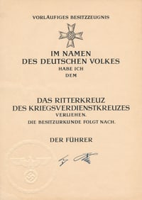 KNIGHTS CROSS AWARD DOCUMENT