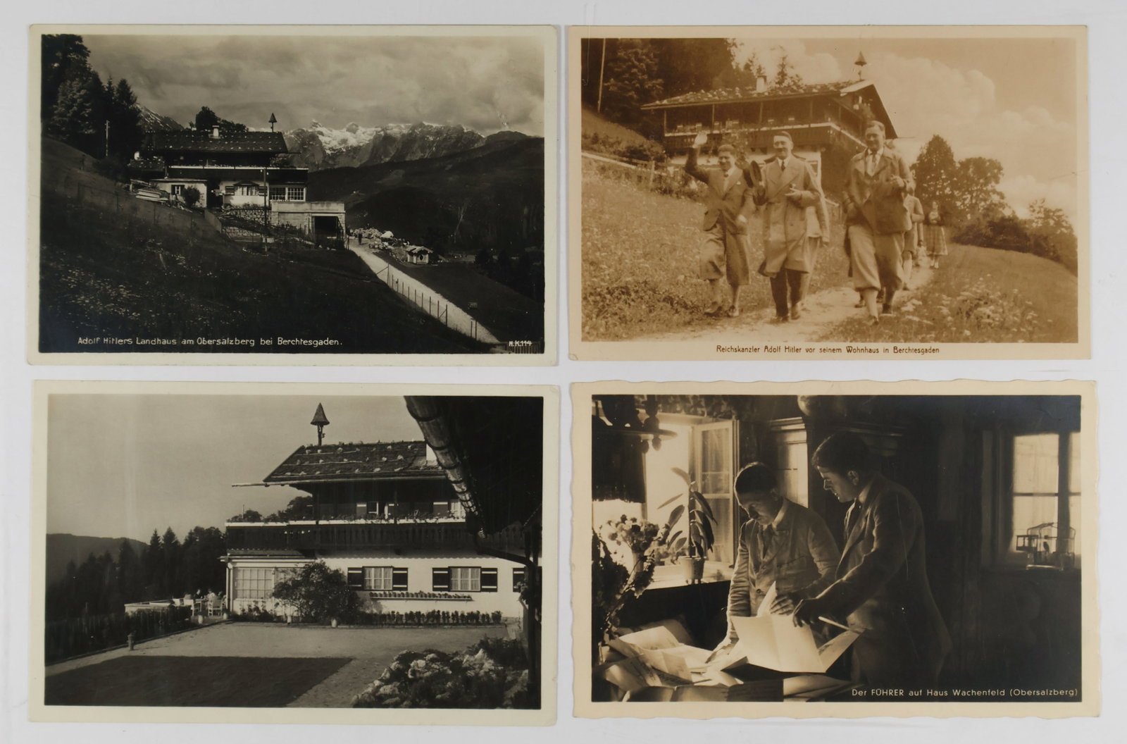 ADOLF HITLER'S HOME - 'HAUS WACHENFELD': Lot of four period photo postcards of Hitler's mountain home 'Haus Wachenfeld' prior to its renovation by Hitler in 1936, including three exterior views and one indoors with architect Albert Speer loo