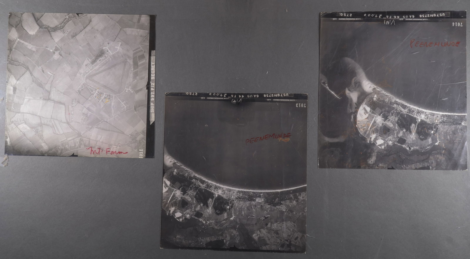 PEENEMUNDE AFTER-ACTION AERIAL PHOTOGRAPHS (2): Very rare pair of original after-action aerial photographs showing the effect of bombing raids on the German V-1 and V-2 production center at Peenemunde, in northern Germany. Each very detailed photo 