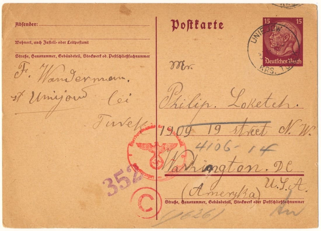 A DOOMED JEW WRITES FROM UNIEJOW, POLAND: Excessively rare handwritten and signed postcard from one 'F. Wanderman' in Uniejow, Poland, Sep. 29, 1940 to his aunt and uncle in Washington, DC, bearing on the face Nazi and censor's stamps and thu
