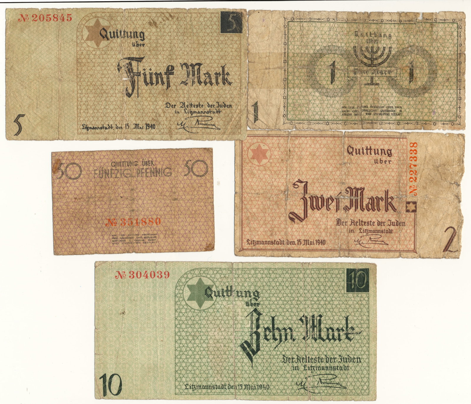 LITZMANNSTADT GHETTO REICHSMARK NOTES (5): Genuine, circulated Reichsmark notes issued for use by Jews in the Litzmannstadt Ghetto, May 15, 1940, bearing a Star of David and a cross-hatched background eerily reminiscent of barbed wire. Denomin