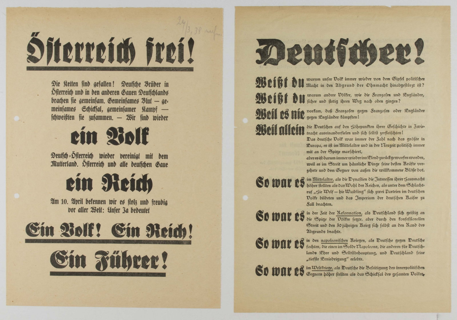 NAZI ELECTION POSTERS (3): Lot of three election posters from the World War II period while the Nazi Party was in power, varying sizes, places, and years, the first celebrating the outcome of the Anschluss vote, the next advoca