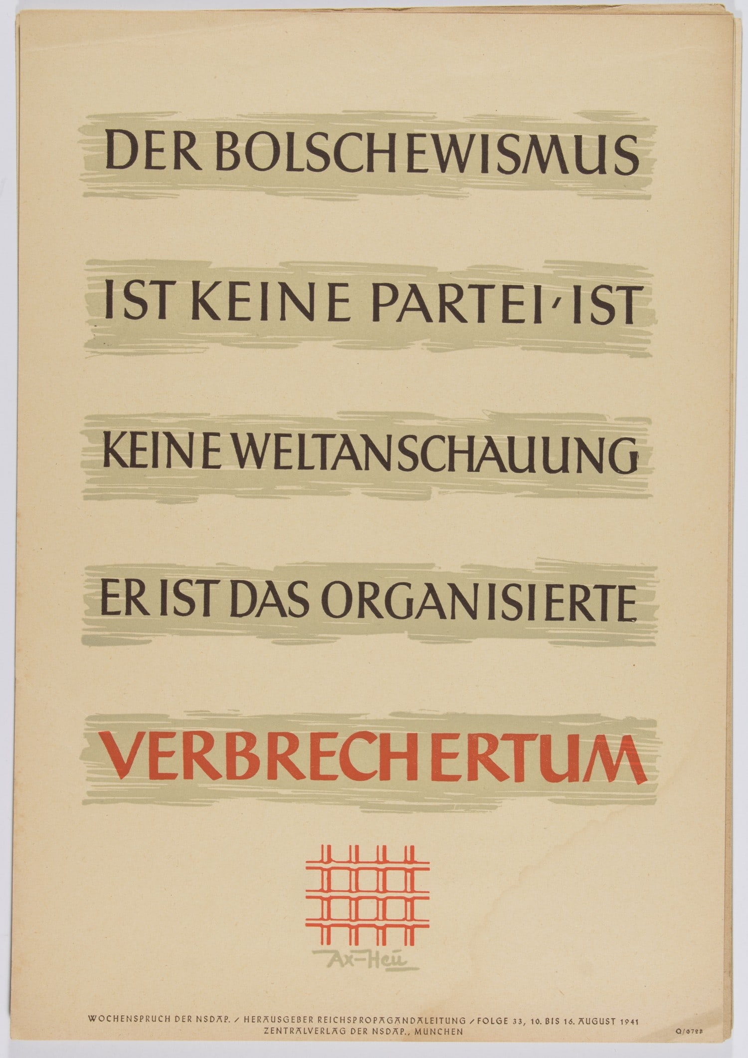 NAZI PARTY PROPAGANDA BROADSIDES (11): A good lot of eleven propaganda broadsides published by the Nazi party during World War II, each 9.5 x 14 in., 1938-43, featuring quotes from high-ranking party members and illustrations advocating Na