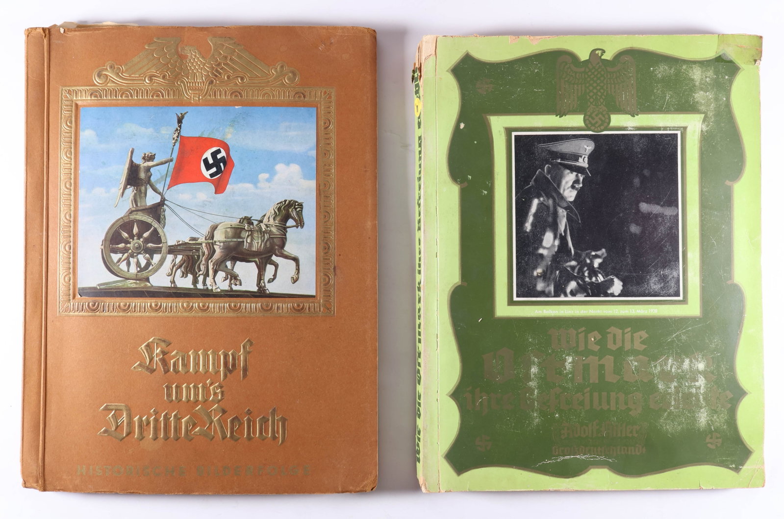 TWO GERMAN 'CIGARETTE' BOOKS: Pair of fully-completed German 'cigarette' books, includes: 'Kampf um's Dritte Reich' ('Battle for the Third Reich') (Berlin: Cigaretten-Bilderdienst Altona-Bahrenfeld) 1933, 92pp. 4to., depicting the