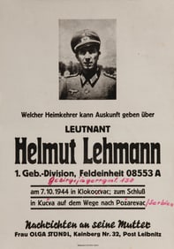 WORLD WAR II GERMAN LIEUTENANT 'MISSING' POSTER