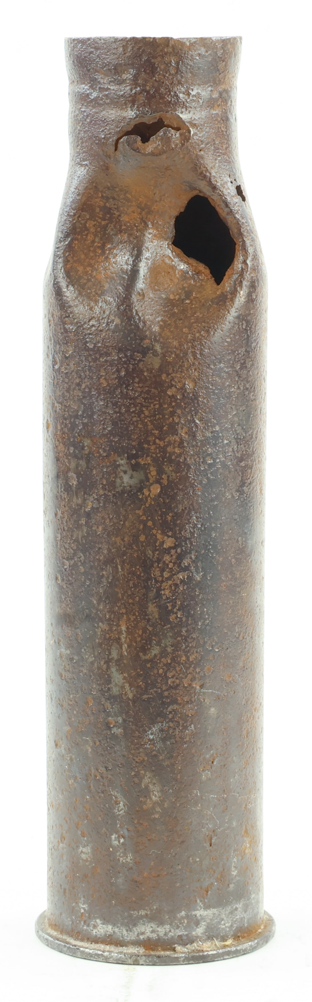 GERMAN 55 MM BATTLE DAMAGED SHELL CASING: Ground dug German steel 55mm. artillery shell casing, marked: 'AWS 42', 'ASX 7', and with other markings as well, the neck of the shell showing a large piercing from a piece of shrapnel. Very good.